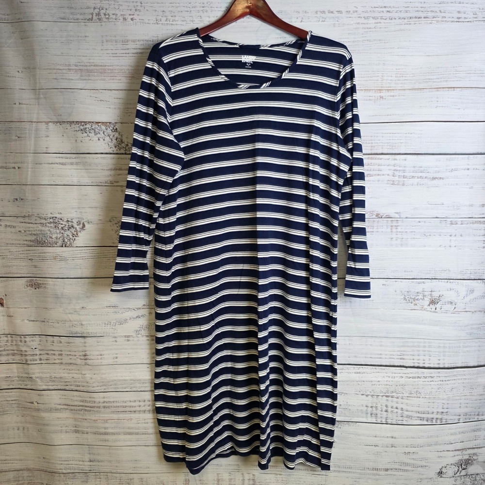 Lands End Womens XL Navy White Striped Long Sleeve Cotton Midcalf Nightgown